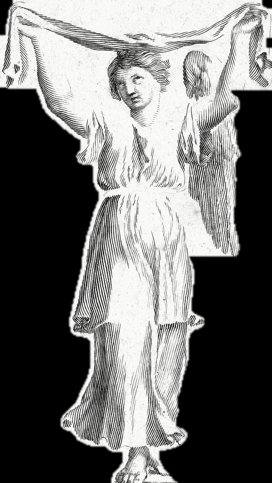 Engraving of a winged angel statue raising a cloth above its head.