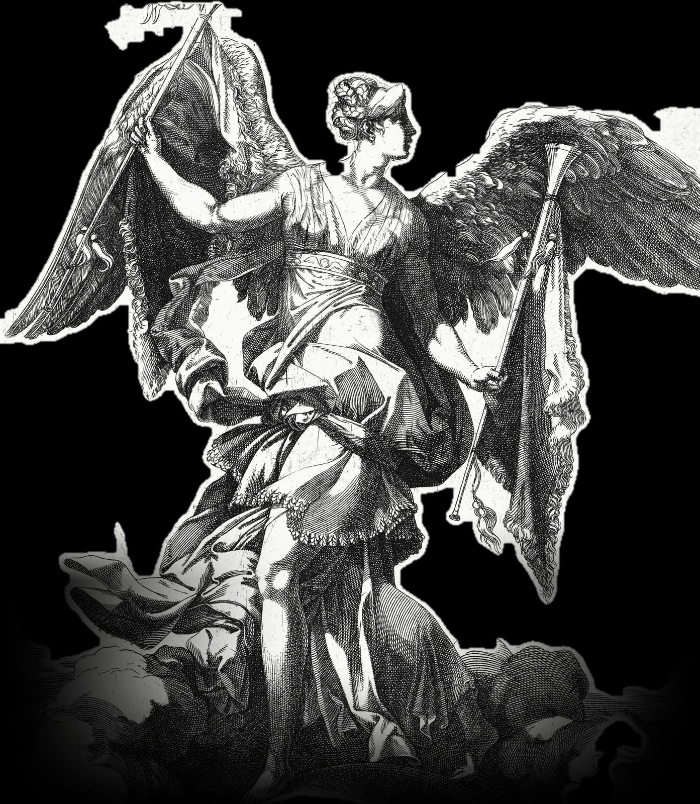 Engraving of Glory, a winged woman standing on the globe with a trumpet and a banner.