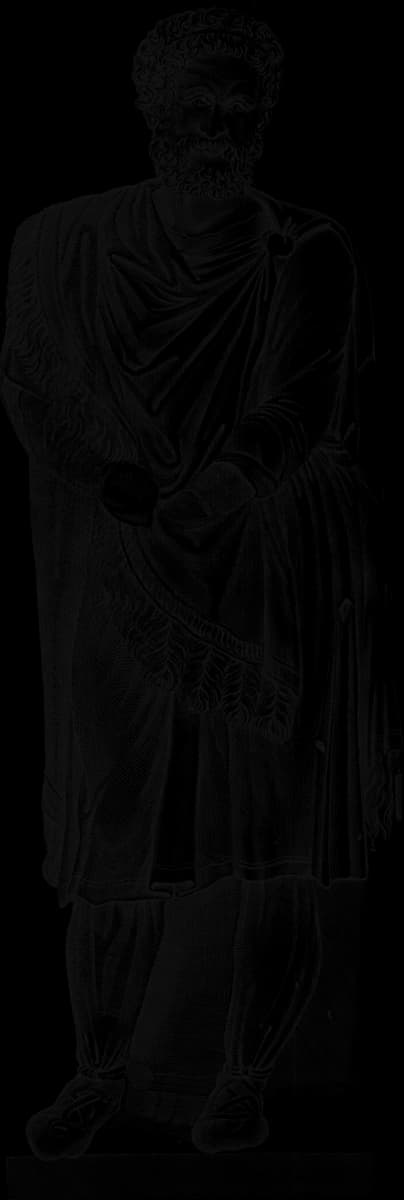 Engraving of a statue of a captive barbarian king, arms folded, turned towards the photo.
